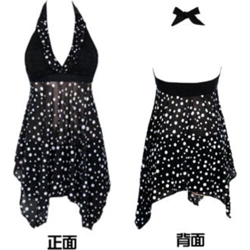 Sexy 2PCS Asymmetric Tankini Sets Halter Tied Polka Dots Swimsuits Ruffle Chiffon Black Cover Up Dress Beachwear Bottom
