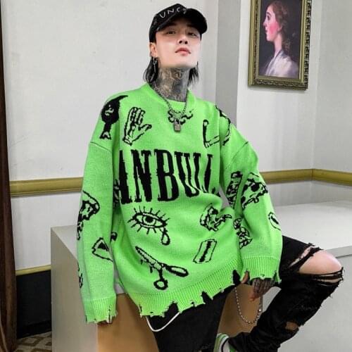 Green Pattern Sweaters Washed Destroyed Ripped Sweater Men Hole Knit Jumpers Men Women Oversized Sweater Harajuku