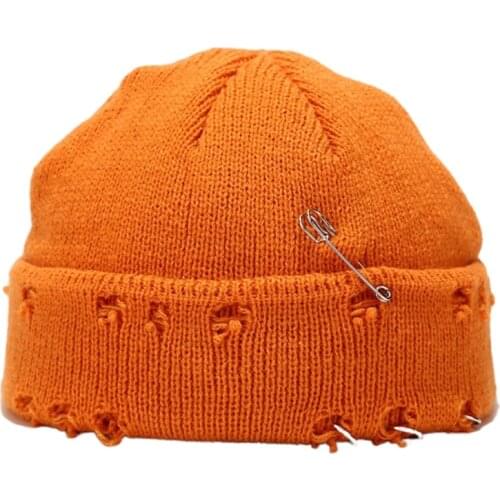 Unisex Winter Knitted Beanie Hat with Pins O-Ring Vintage Distressed Hole Solid Color Hip Hop Stretch Cuffed Skull Cap