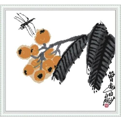 Qi Baishi-Loquat cross stitch kit aida 14ct 11ct count printed canvas stitches embroidery DIY handmade needlework