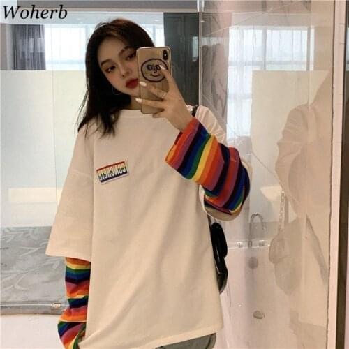 Woherb Rainbow Striped Fake Two Pieces T Shirt Women Casual Loose Harajuku BF Tops Female Korean Fashion New Streetwear 91296