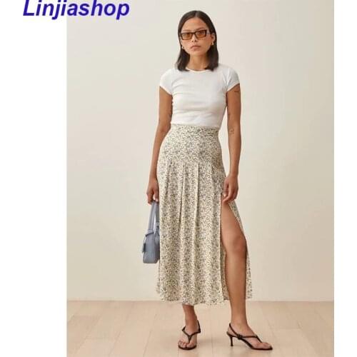 Elegant Chic Green Floral Print Midi Skirts Women Retro Zipper High Waist Split Female Chiffon Skirt