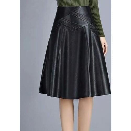 2021 Woman Autumn Fashion PU Leather Skirt Female Midi High Waist A-line Elegant Skirts Ladies Office Plus Size Dresses H906