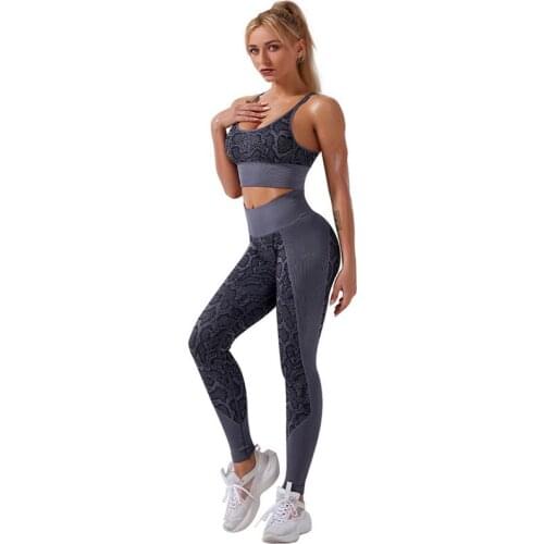 Women Snake Print Seamless Yoga Sets Thin Shoulder Straps Cross Sports Bra & High Waist Legging 2 Piece Workout Fitness Suit