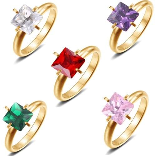 Ins Square Fashion Engagement Rings for Women Retro Style Gold-color Titanium Steel Female Gift Temperament Red Fine Jewelry