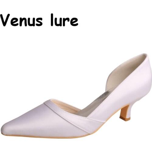 Discount Womens Low Heel Dress Shoes Wedding White Satin Pointed Toe Pumps