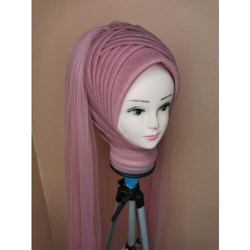 Womens Rose Pink Color Muslim Hijab Scarf Ready to Wear Turban Islamic Headscarf Female Head Wraps lycra tulle wedding party