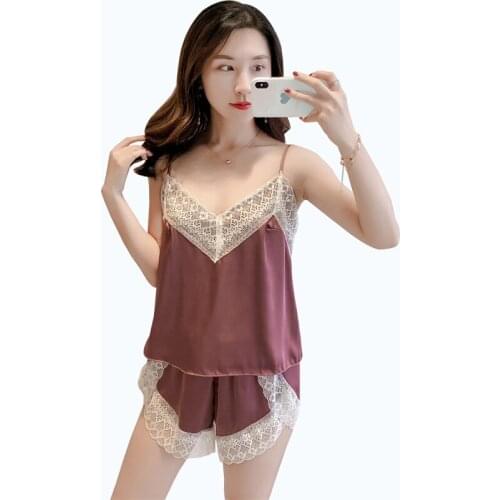 4 Colors Pink Womens Pajamas Set Beige Lace Spaghetti Strap Sleeveless Cami Top and Short Pajama Set 2pcs Pj Set Sexy Lingerie