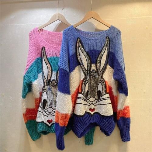 European Autumn New Outer Wear Design Sense Heavy Sequined Mid-length Loose-aged Pullover Sweaters Women Fashion Streetwear 2021