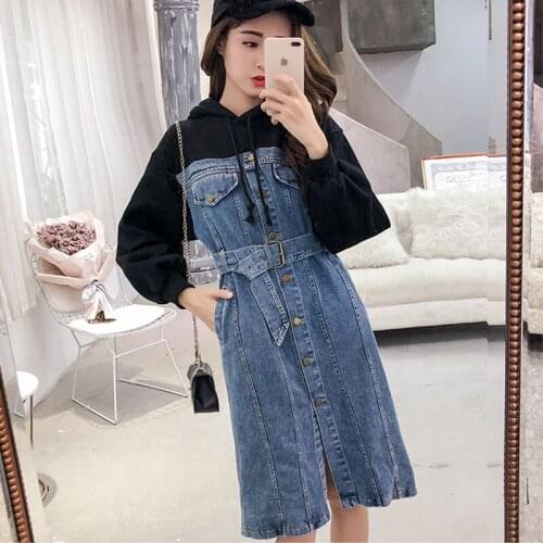 Spring Autumn Denim Dress Women Long Sleeved Casual Elegant Belt Solid Color High Waist Knee-Length Dress Single Breasted Jeans