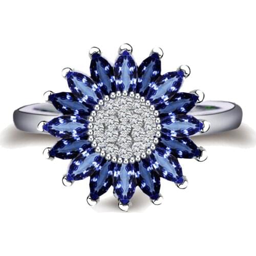 Ajojewel Blue Sunflower Zircon Ring For Women Trendy Finger Jewelry Silver-color Luxury Rings Fashion Gift Bague Femme