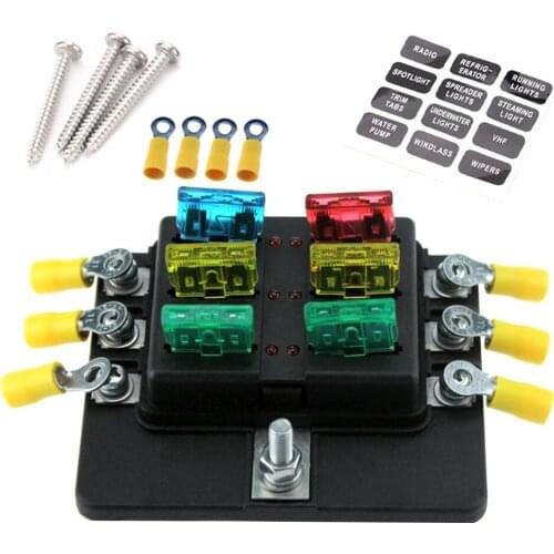 6 Way Blade Fuse Box Holder Standard Blade Fuse Blocks LED Indicator 10Pcs Fuses 10Pcs Terminals for Car Boat Marine Caravan