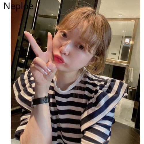 Neploe Black White Stripe T Shirts Women Korean Ruffle O Neck Short Sleeve Ladies Tops Summer 2021 Loose Casual Fashion Tees