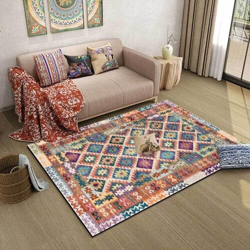 Geometric Ethnic Style Orange Frame Color Diamond Lattice Living Room Bedroom Bedside Carpet Floor Mat Customization