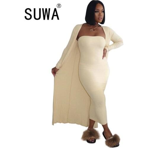 Cute outfits for women two piece matching sets long sleeve autumn winter long coat top + sexy bodycon long maxi dress