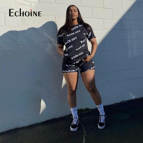 Echoine Summer Women Black OFF Letter Two Pieces Set Tracksuits T-shirt Shorts Jogger Sweatpants Suit Fitness Outfits Matching