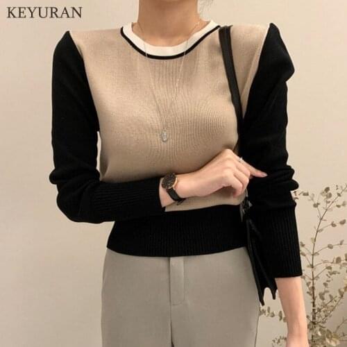 Korean Color-blocked Knitted Pullovers Sweater 2021 Autumn Long Sleeve O-neck Fashion Slim Patchwork Knitwear Tops Jumpers Femme