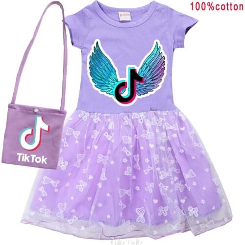 Summer Tik Tok Girl Cotton T Shirt + Print +bag Gauze Patchwork Dress Children Girl Home Party Casual Clothes Dresses