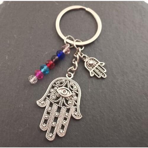 Hot Selling Key Chain Wholesale Retail Fashion Evil Eye Sliver Plated Colorful beads keyring Hamsa Fatima Hand Alloy Keychain