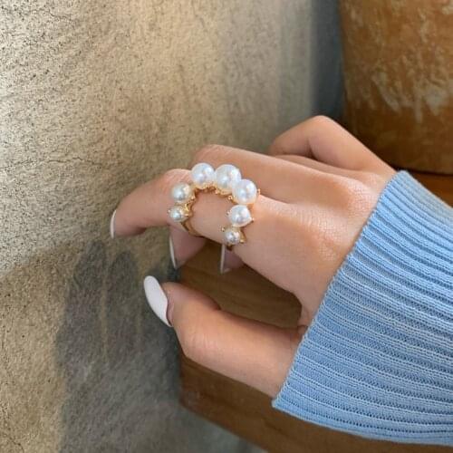 Fashion кольца Big Geometric Pearl Paved Rings For Women 2021 New Jewelry Personality Statement Open Ring Adjustable Bijoux