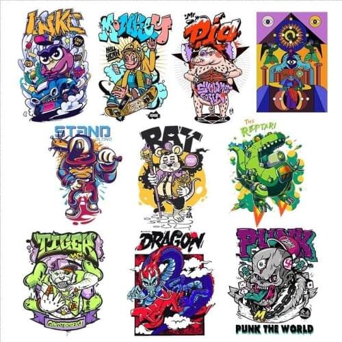Hip hop graffiti punk Patches Print On T-shirt A-level Washable Iron On Transfer Monkey owl Skull Thermal Patches Decor