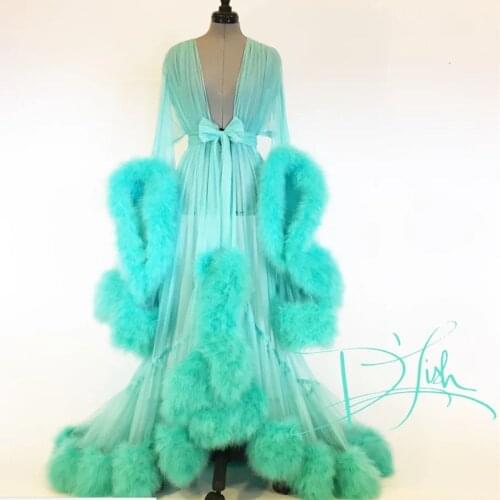 2020 New Womens Robe Nightgown Bathrobe Sleepwear Bridal Robe Perspective Sexy Lave Feather Flared Sleeve Tail Dress