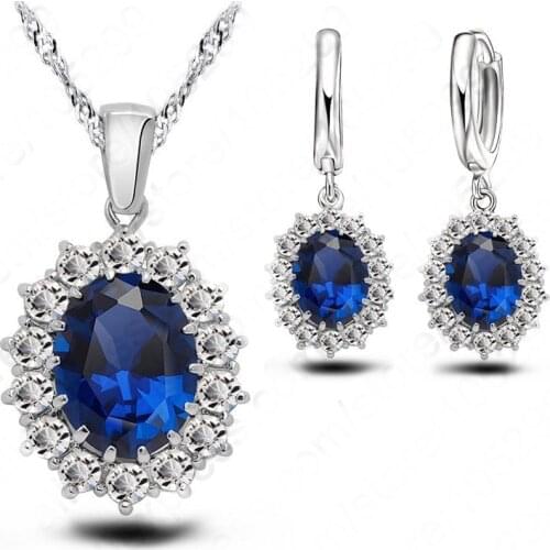 Princess Engagement Wedding Genuine 925 Sterling Silver A+++ Cubic Zirconia Pendant Necklace Earrings Woman Jewelry Sets