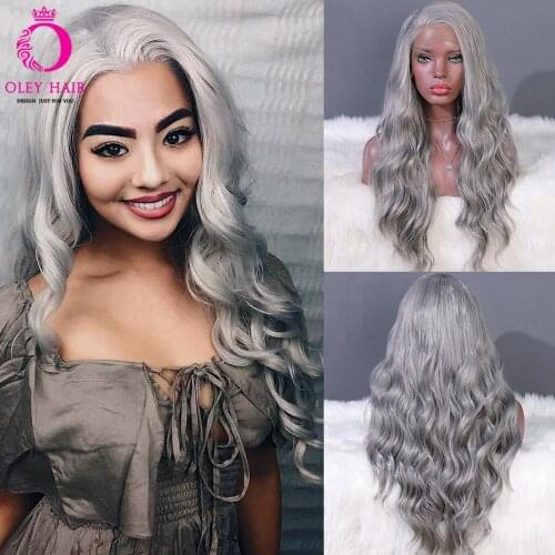 OLEY Hair Heat Resistant Wavy Synthetic Lace Front Wig High Density Long Grey Wig Glueless Cosplay Wigs For Black Women