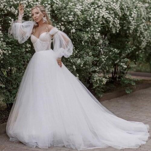 Princess Detachable Puff Sleeve Vintage Bridal Dresses 2021 Robe de Mariage Lace Up Wedding Gowns A Line Bohemian Wedding Dress