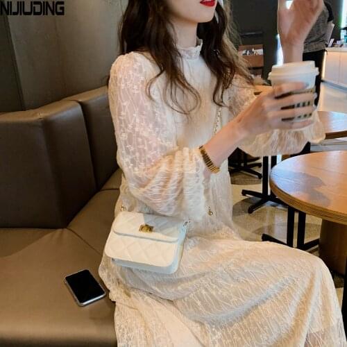 2021 New Spring Summer Autumn Women Lace Dresses Female Long Flare Sleeve Stand Collar Loose Long Dress Mujer Vestidos New
