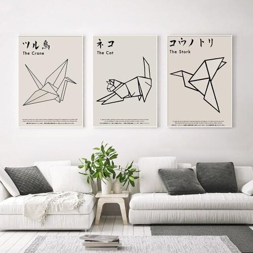 Japanese Origami Bird Cat Poster Retro Animal Line Print Canvas Nordic Bedroom Study Wall Art Interior Decorative Pictures