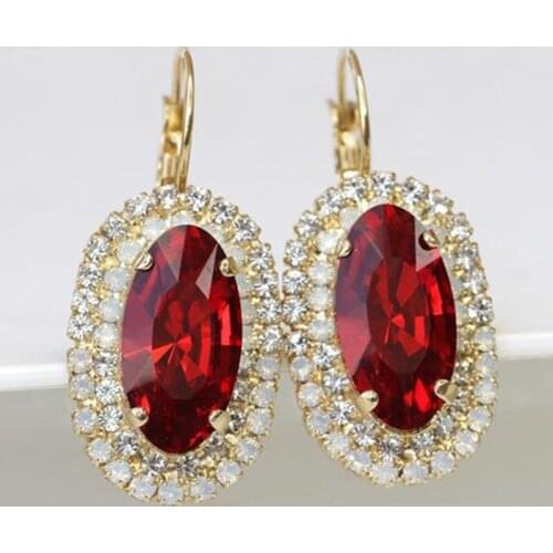 Simple Luxury Golden Red Oval Gemstone Inlaid White Diamond Pendant Earrings for Women Fashion Girl Jewelry Hot