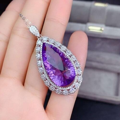 Luxurious big 13*25mm water drop natural amethyst pendant S925 silver Natural gemstone Pendant Necklace women party gift jewelry