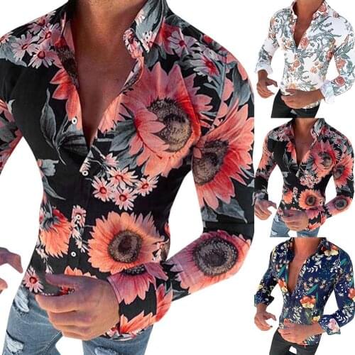 3XL Stylish Shirt Men Autumn Long Sleeve 3D Floral Print Buttons Down Cotton Slim Shirt Man summer Mens Clothing Male top