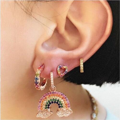 Rainbow colorful cz paved hollow heart stud earring for girlfriend lover 100% 925 sterling silver minimal cute stunning jewelry