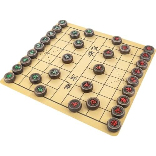 Traditional Luxury Chinese Chess Set Ebony Wooden Chess Pieces Board Game with PU Chessboard Xiangqi Portable Puzzle Chess Gift