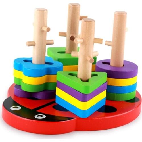 Montessori teaching aids wooden shape color to recognize toy building blocks children early teaching toys
