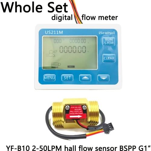 US211M Digital Water Flow Meter with Fine Brass G1" YF-B10 2-50L/min Hall Water Flow Sensor Reader Saier iSentrol Dijiang