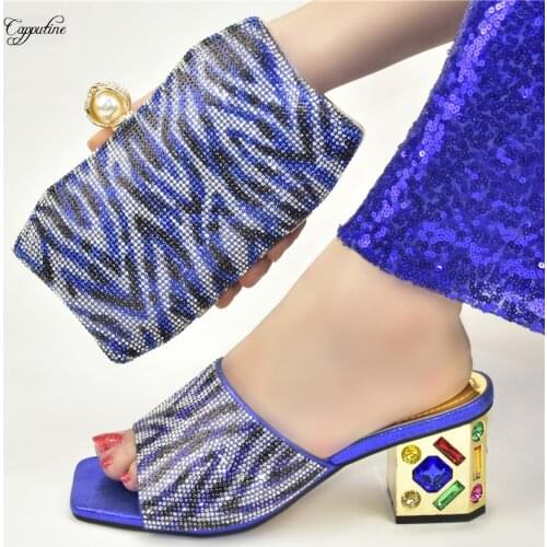 Royal Blue Women Shoes and Bag Set High Heels African Italian Design Summer Sandals With Handbag Slippers Clutch Purse 938-1 7CM