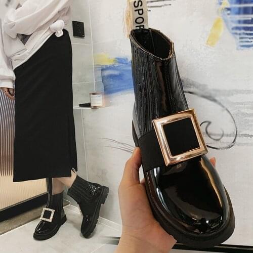Womens Ankle Boots Fashionable Shoes Black Patent Leather Boots