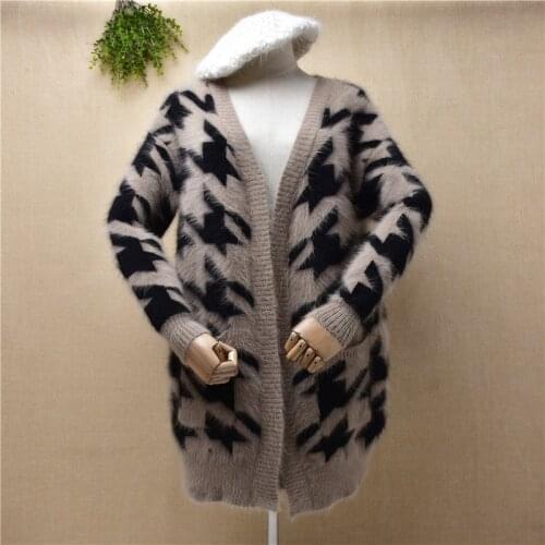Ladies women fashion Houndstooth winter thick mink cashmere knitted long sleeves v-neck loose cardigans angora jacket coat pull