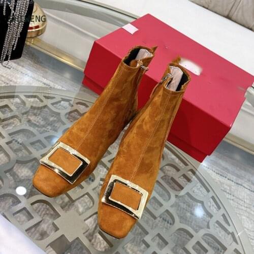 2021 New Women Boots Mid Calf Autumn Winter Ladies High Heels SquareToe Fashion Woman Shoes Female Footwear
