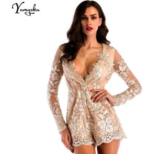 2020 New Sexy Women Summer Jumpsuit Mesh Long Sleeves Embroidery Bodysuit Body Feminino Elegant Fashion Playsuit Overalls