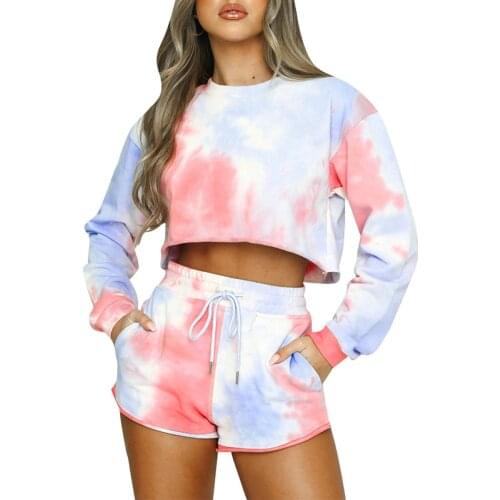 Women Sportswear Two Piece Sets Personality Tie-dye Long Sleeve Pullover Top and High Waist Lace up Shorts