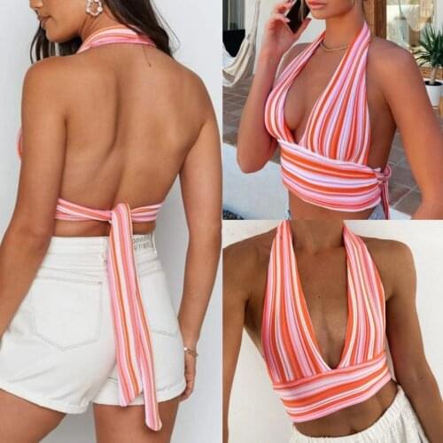 Women Halter Crop Top Summer 2021, Adults Sexy Sleeveless Backless Tie Up Striped V-Neck Tops Club Wear