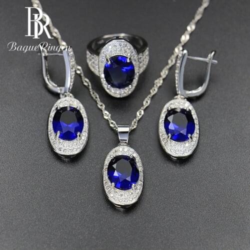 Bague Ringen Silver 925 Gemstones Jewelry Sets for Women Ring Earrings Necklace Sapphire Ruby Amethyst Female Wedding Wholesale