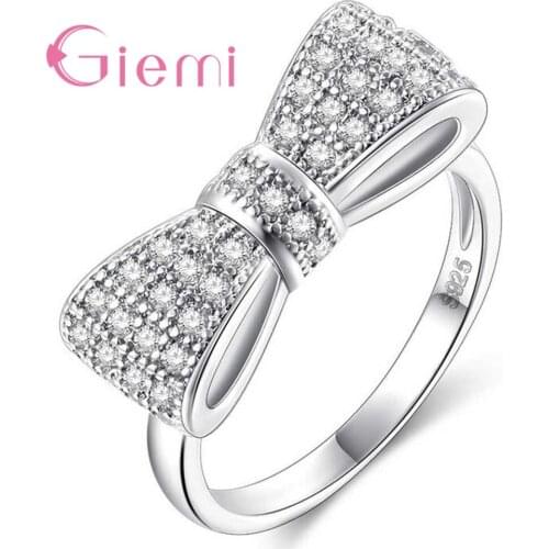Romantic CZ Stone Bowknot Finger Rings For Women 925 Sterling Silver Cute Wedding Band Ring Anillos Anel Bijoux Promotion