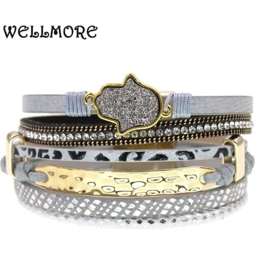WELLMORE handmade bohemia leather bracelet for women charm metal women bracelet bangle fashion female jewelry