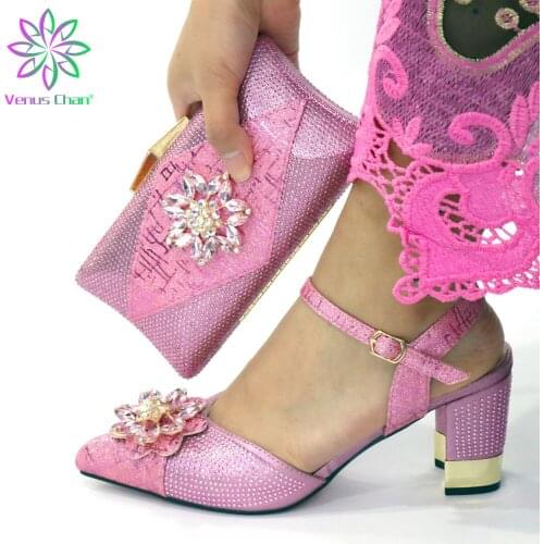 Clssics Italian Women Royal Wedding Party Shoes and Bag to Match with Shinning Crystal in Pink Color African Women Style Set