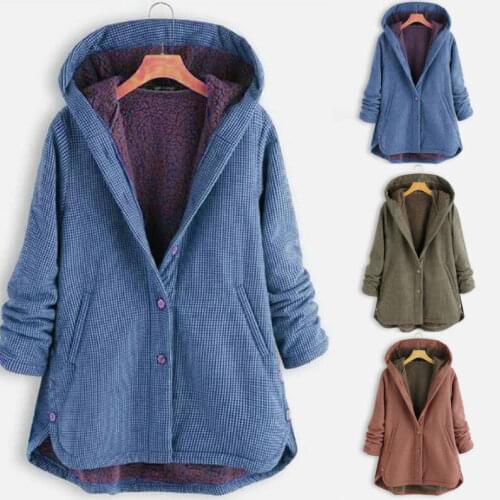 Womens Plaid Fleece Hooded Parka Jacket Winter Warm Long Coat Outwear Plus Size